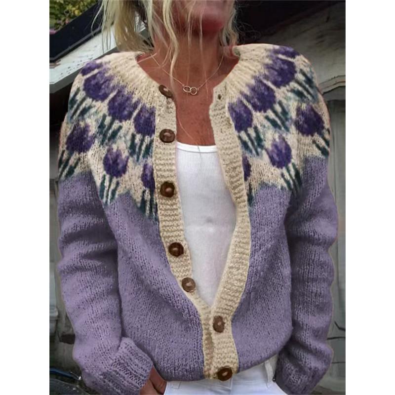 Womens Color Block Knit Cardigan Loose Fit Long Sleeve Geometric Casual Commute Style