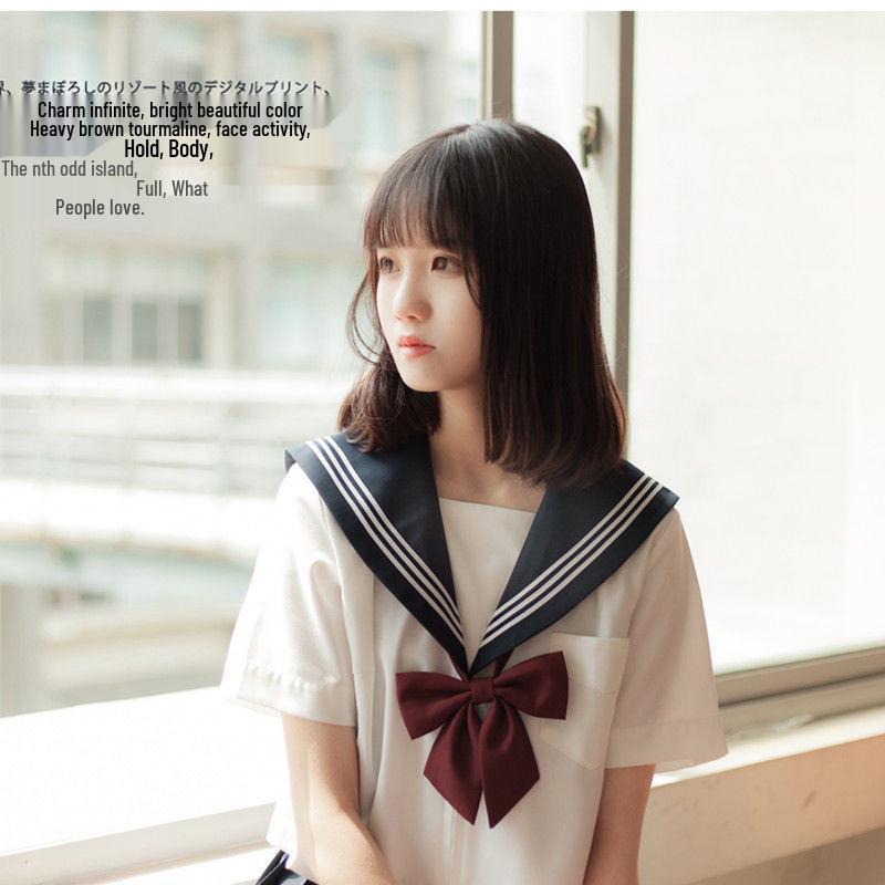 Japanese JK Uniform Set: White Three-Striped Skirt & Short-Sleeve Top, Summer Mid-Length, Classic School Style, Plus Size Available.