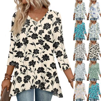 Womens Tops V-neck 3/4 Sleeve Blouses Casual Mid-length Shirts Fashion Print Tunic Tops