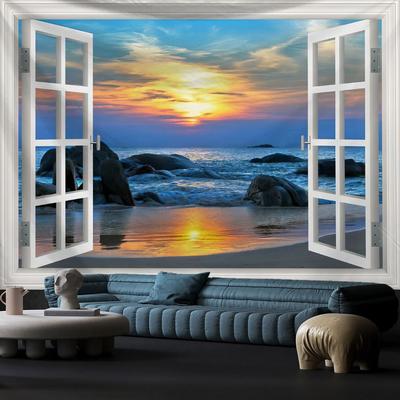 Window View Tapestry for Photography Background Fabric, Room Decorations Digital-printed Polyester Tapestries Living Rooms