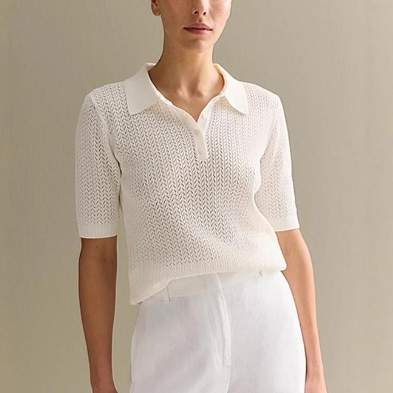 

Летняя женская вязаная футболка с коротким рукавом, летняя повседневная свободная однотонная футболка-поло, горячие топы, пуловер, женский свитер, футболка, верхняя одежда L белый