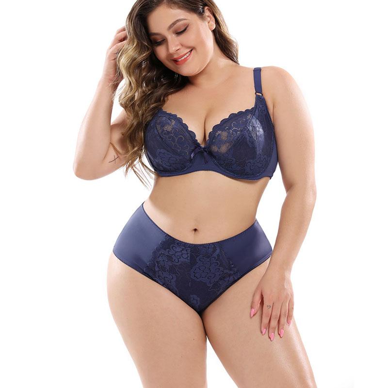 

Плюс цветочный кружевной комплект нижнего белья на косточках, прозрачный бюстгальтер, сексуальный костюм с чашкой EF, тонкий бюстгальтер без косточек, невидимый бюстгальтер 42/95E синий