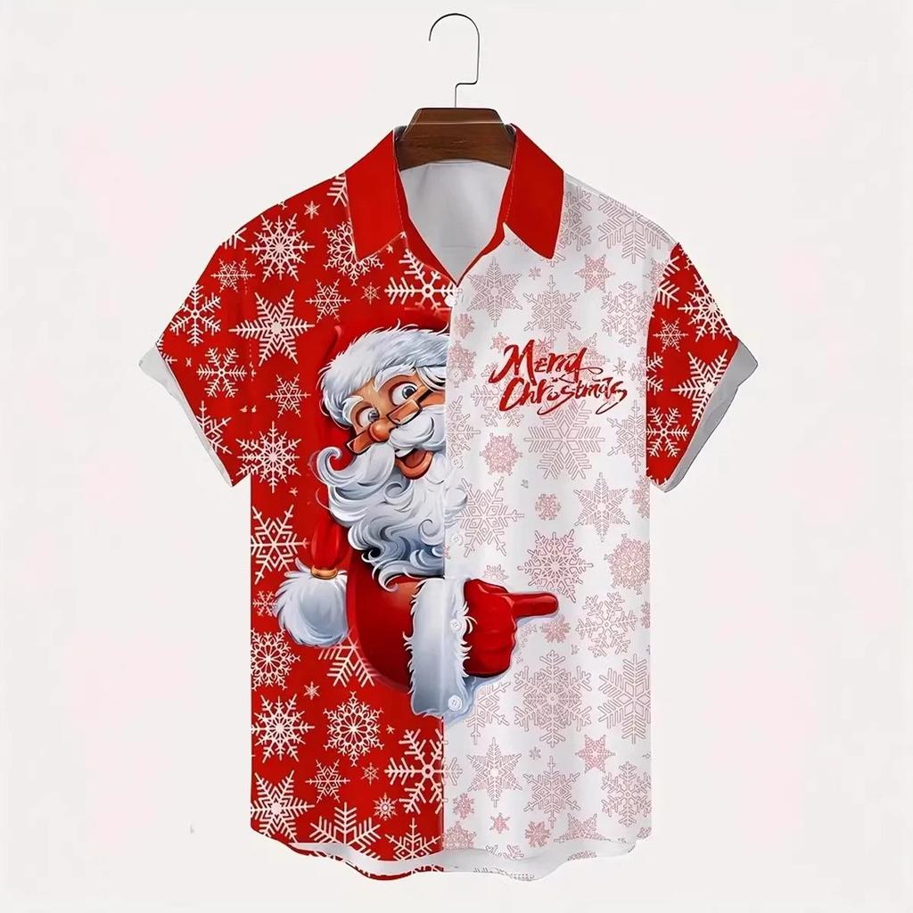 3D Print Christmas Themed Santa Claus Graphic Beach Shirts Men's Short Sleeve Lapel Hawaiian Shirt Summer Button Vacation Shirts