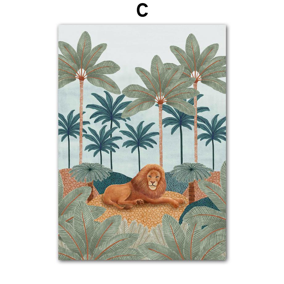 Tropical Jungle Animal Tree Giraffe Elephant Lion Boho Posters And Prints Wall Art Canvas Painting Picture for Living Room Decor