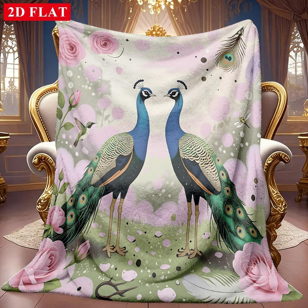 1pc 2D Double Peacock And Floral Theme Pattern Flannel Blanket, Soft HD Digital Print, Cooling Blanket All-Season Use! Soft And Breathable 100% Polyes