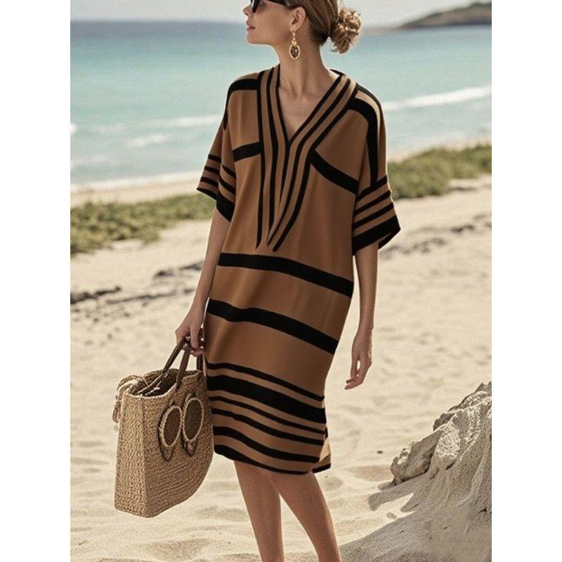 

Европейский и американский Amazon Независимая станция Цифровая печать Полоска V-образный вырез Свободное богемное платье с рукавом до локтя Платье Dark brown 3XL