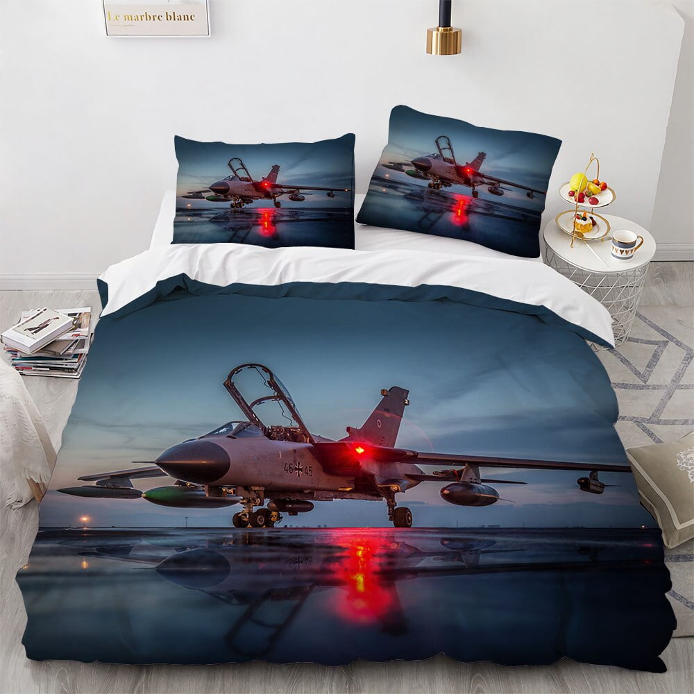 Fighter Plane Duvet Cover Military Aircraft Theme For Children Boys Men Gifts Sunset Airplane Airstrip Bedroom Decoration Warm
