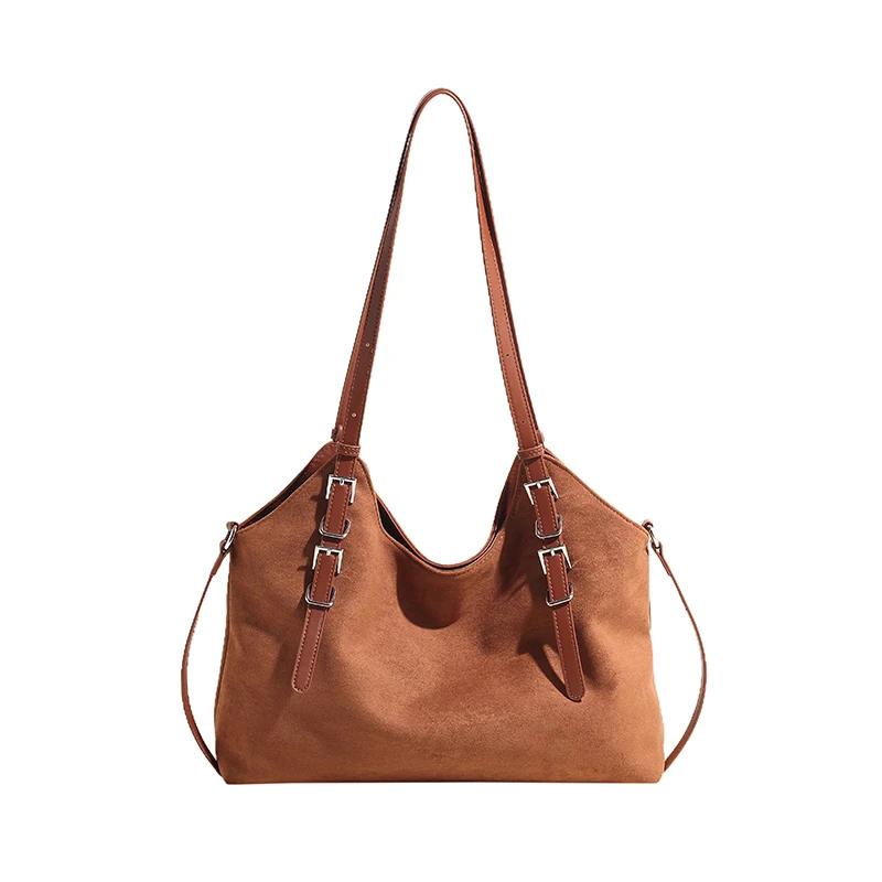 Quality Solid Faux Suede Shoulder Bag Buckle Decorative Large Capacity Hasp Casual Tote Hot Sale Bags for Women