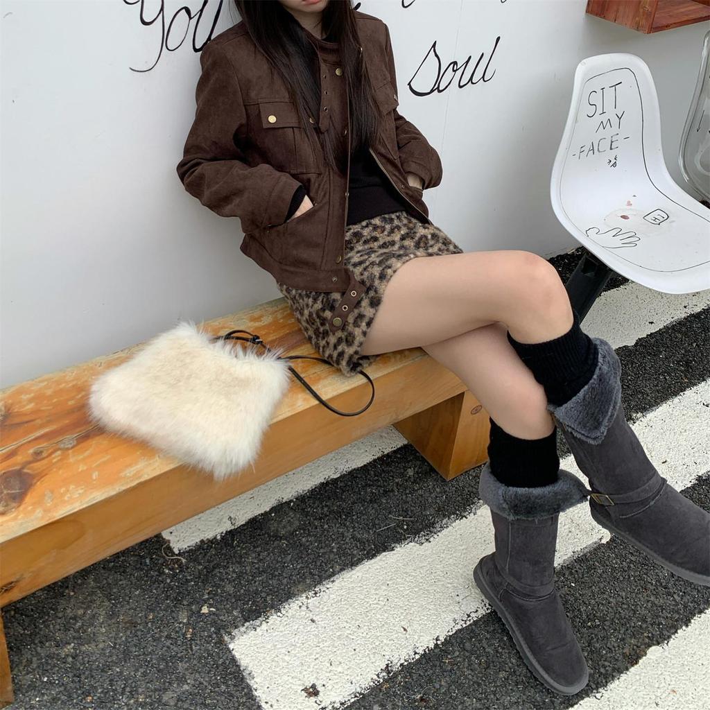 2026 Retro Leopard Print Woolen High Waist Skirt for Plus Size Women – Loose Fit, Chic Temperament