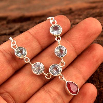 Blue Topaz Ruby Gemstone Silver Handmade Necklace 925 Sterling Silver Women Jewelry