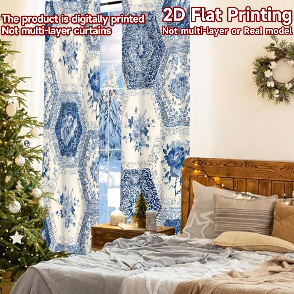 2pcs   2D FLAT PRINTING Curtains (Without Rod) Blue Hexa Pattern Modern Fashionable Curtainments Machine Washable Fabric Curtains