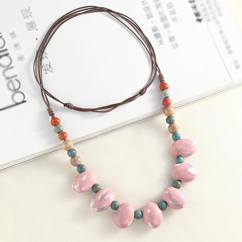 Cobblestone Shape Ceramic Bohemia Bead Necklace Vintage Pendant Jewelry Accessory