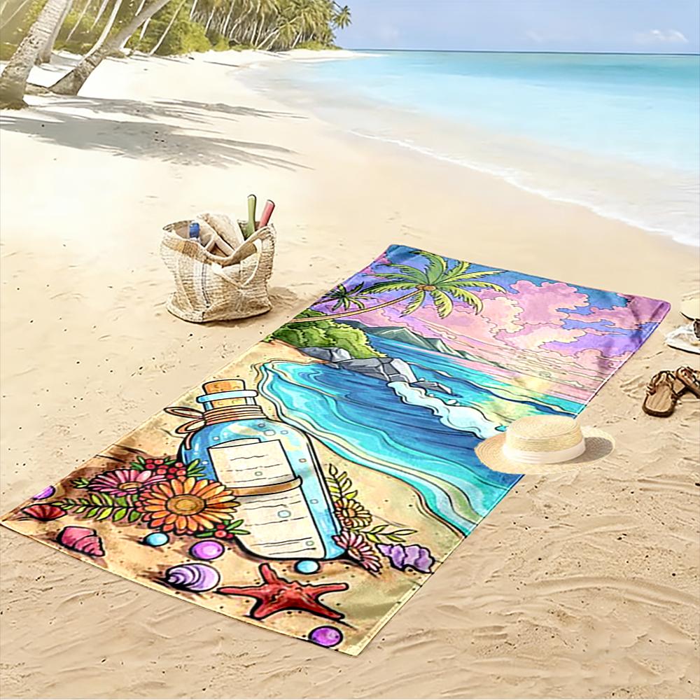 Message Bottle on Tropical Beach Scene Beach towel quick-drying for travel outdoor sports jogging beach and swimming