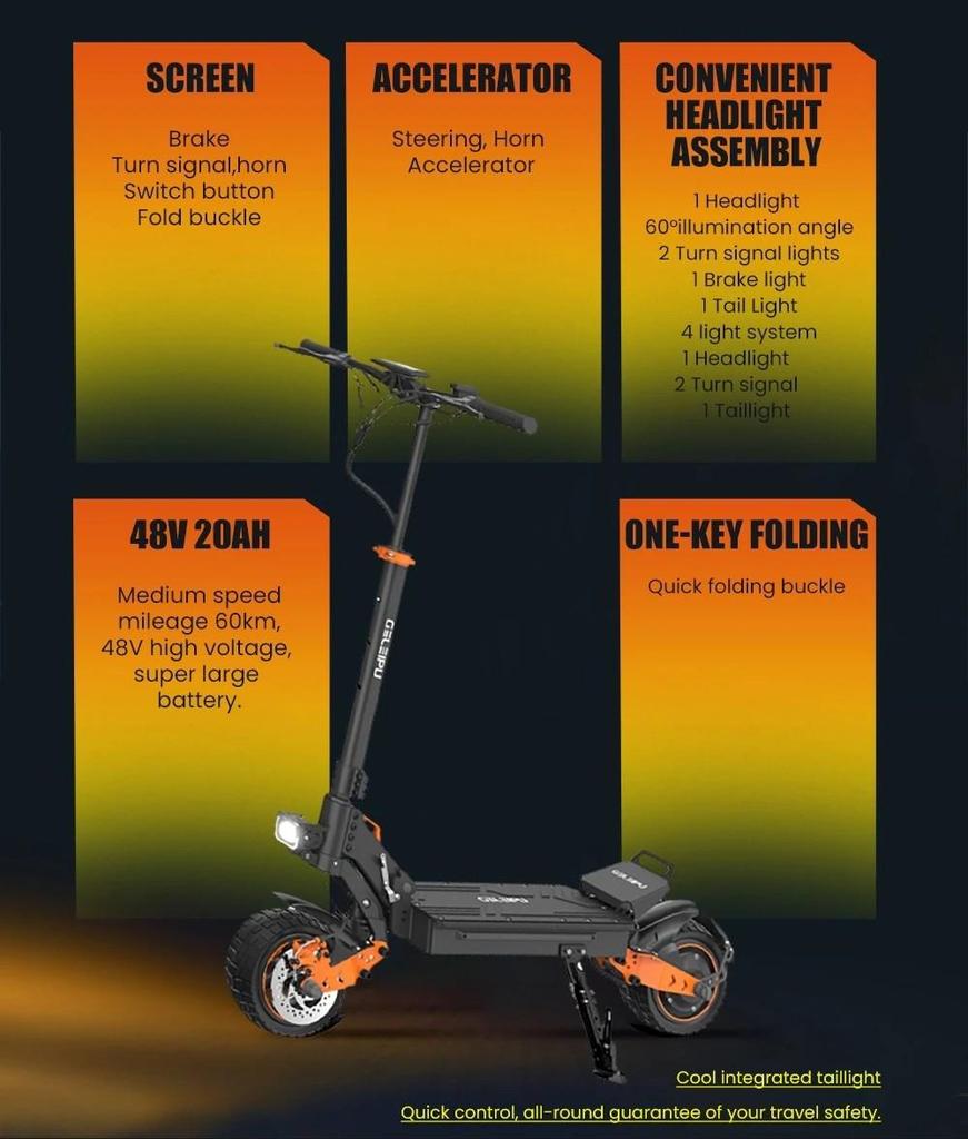GELEIPU Z1 Adult Electric Scooter 1200W Motor 48V20AH Battery 10" Tires 60 km/h Max Speed 60km Max Range