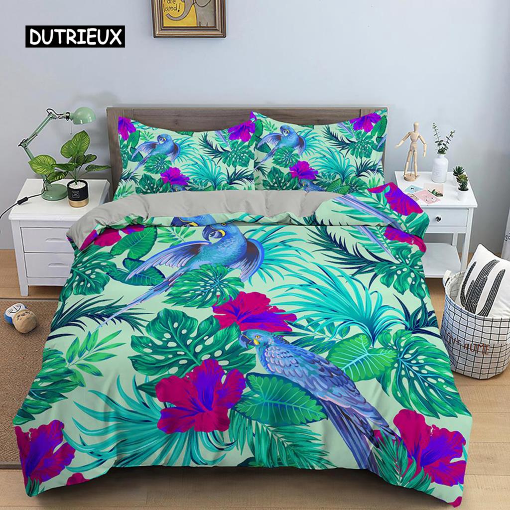 Flamingo Duvet Cover Set Purple Tropical Botanical Bedding Set Coral Flamingo Soft Breathable Queen King Polyester Quilt Cover