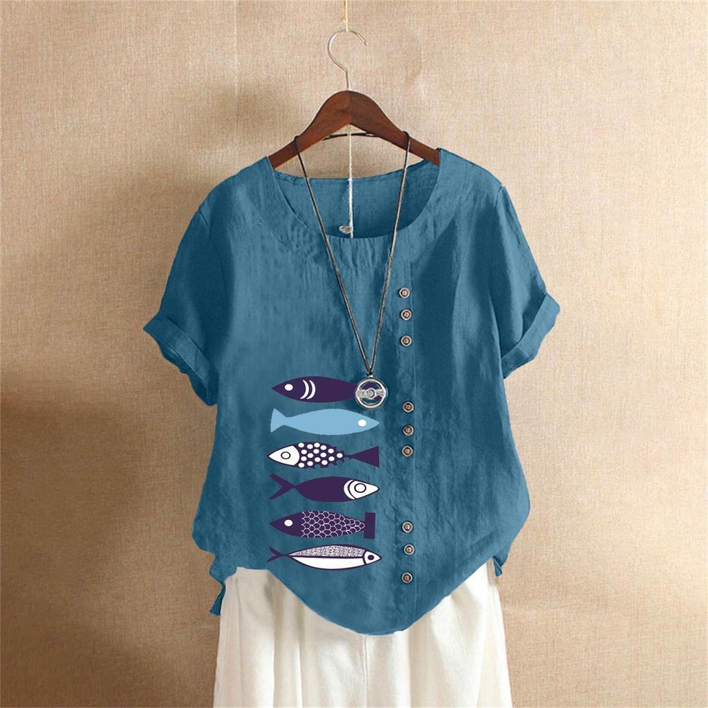 T-shirt Estiva Oversize in Cotone e Lino a Maniche Corte, Abbigliamento Donna Oversize Stampato in Cotone e Lino
