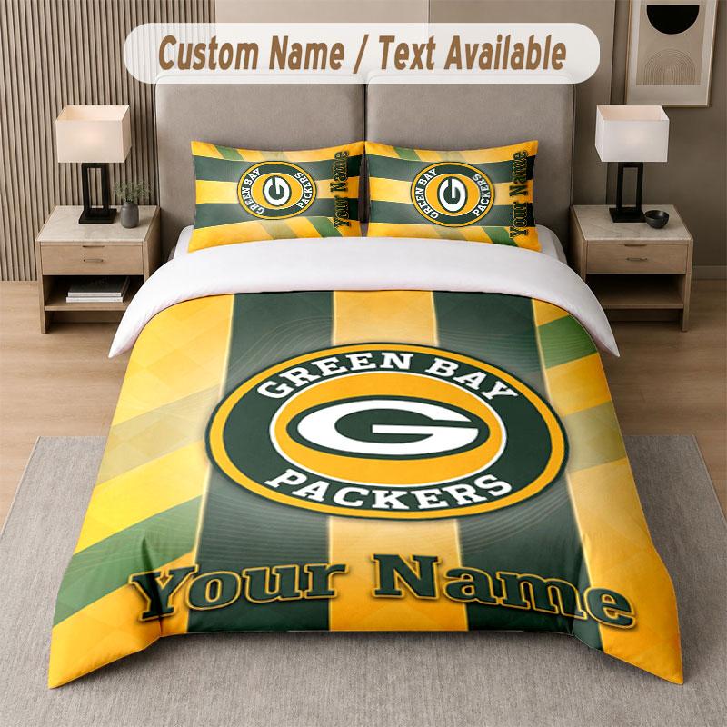 Custom Bedding Set Green Bay Packers Pattern, Print Name Text 1 Duvet Cover Plus 2 Pillowcases Home Textile