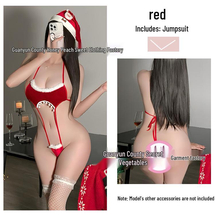 Red Plush Lace-Up Christmas & New Year's Sexy Halter Bodysuit