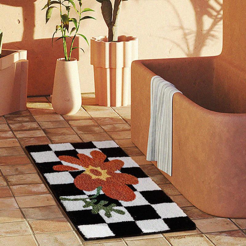 Flower Bath Mats Soft Plush Checkerboard Fluffy Grids Soft Floral Bathroom Carpet Bedside Carpet Home Decor Anti Slip Floor Mats