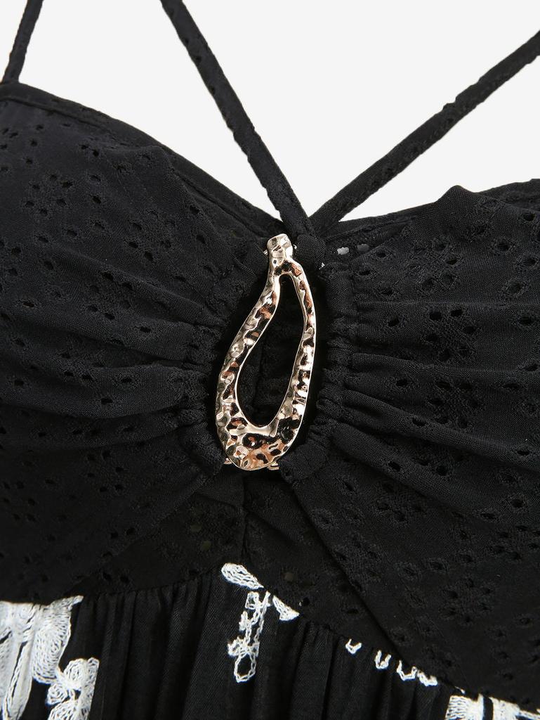 Rosegal Plus Size Pointelle Hollow Out Jacquard Buckle Decor Strappy Floral Embroidered Handkerchief Top