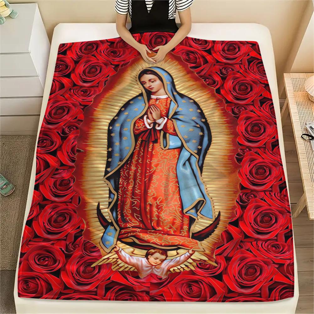1Pc Virgin Mary Print Flannel Blanket, High quality Comfortable for All Seasons, Home Decor, Warmth and Comfort, Perfect for Christmas Gifts