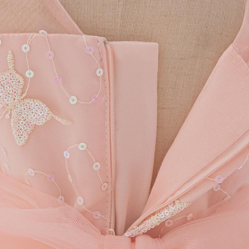 One-Year-Old Pink Puff Sleeve Flower Girl Princess Dress with Mesh Skirt