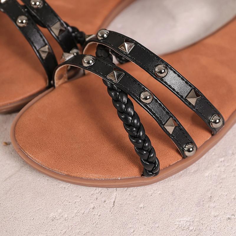 Sandalias romanas planas de verano para mujer Moda Remache Punta abierta Talla grande Sandalias de playa Correa Gladiador Antideslizante Zapatos de playa
