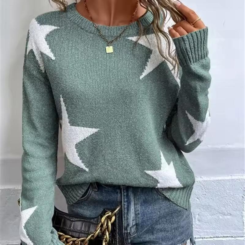 Women Sweaters Print Knit Long Sleeve Round Neck Spliced Top Pullovers Jumpers Straight Elegant Lady Casual Autumn