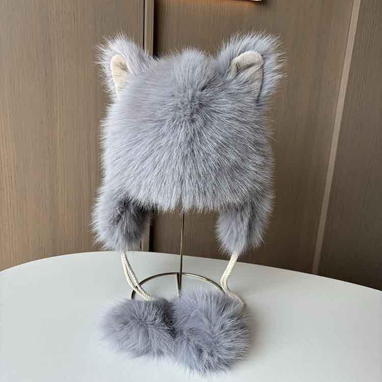Ladies Cute Fox Ears Lei Feng Hat Winter Thickened Hanging Ball Ear Hat Student Travel Warm Plush Hat