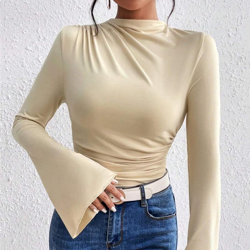 Wiosna Jesień Cienkie Plisowane Rozkloszowane Rękawy Casualowe Damskie T-shirty Eleganckie Kołnierzyk Stójka Slim Fit T-shirt Kobiety Odzież Prosta Vintage Baza Koszulki 26146