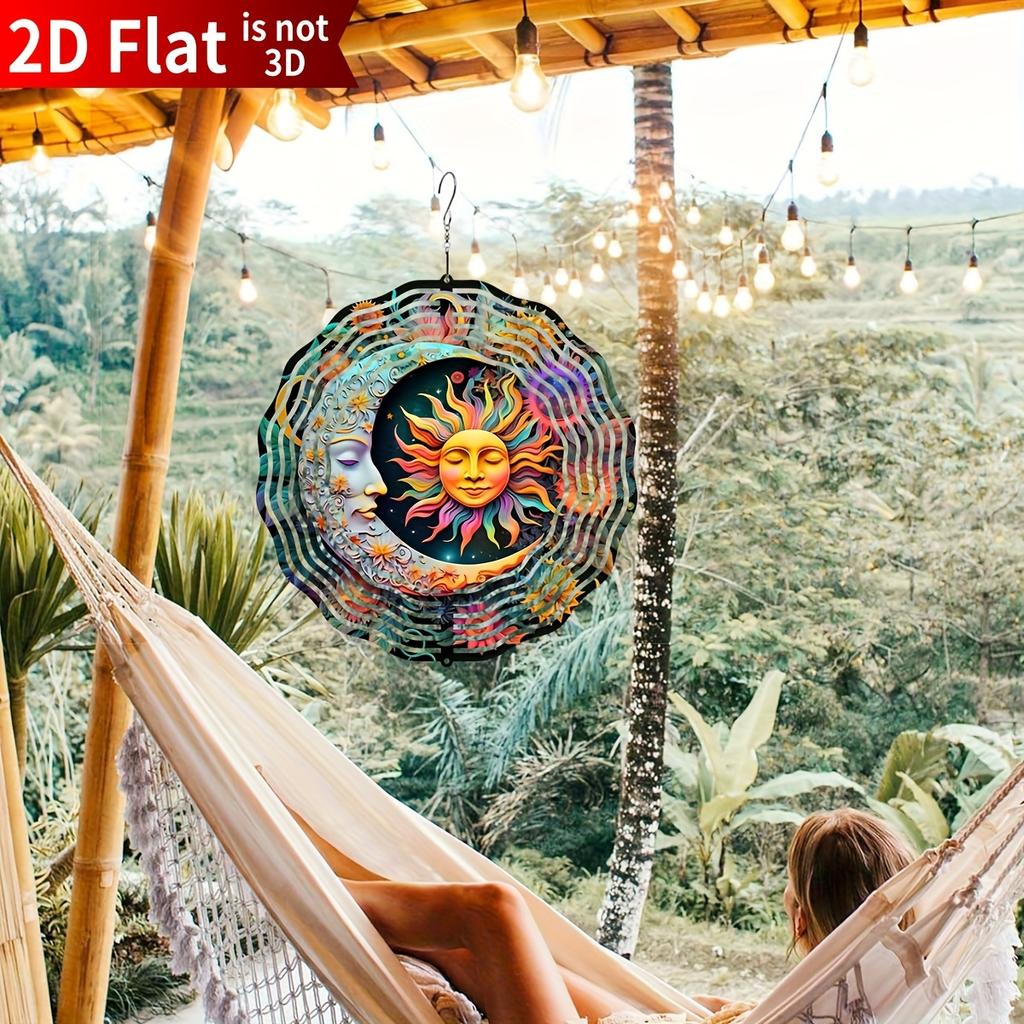 Moon & Sun Wind Spinner. Round Kinetic Metal Art for Indoor/outdoor Holiday Gifting.