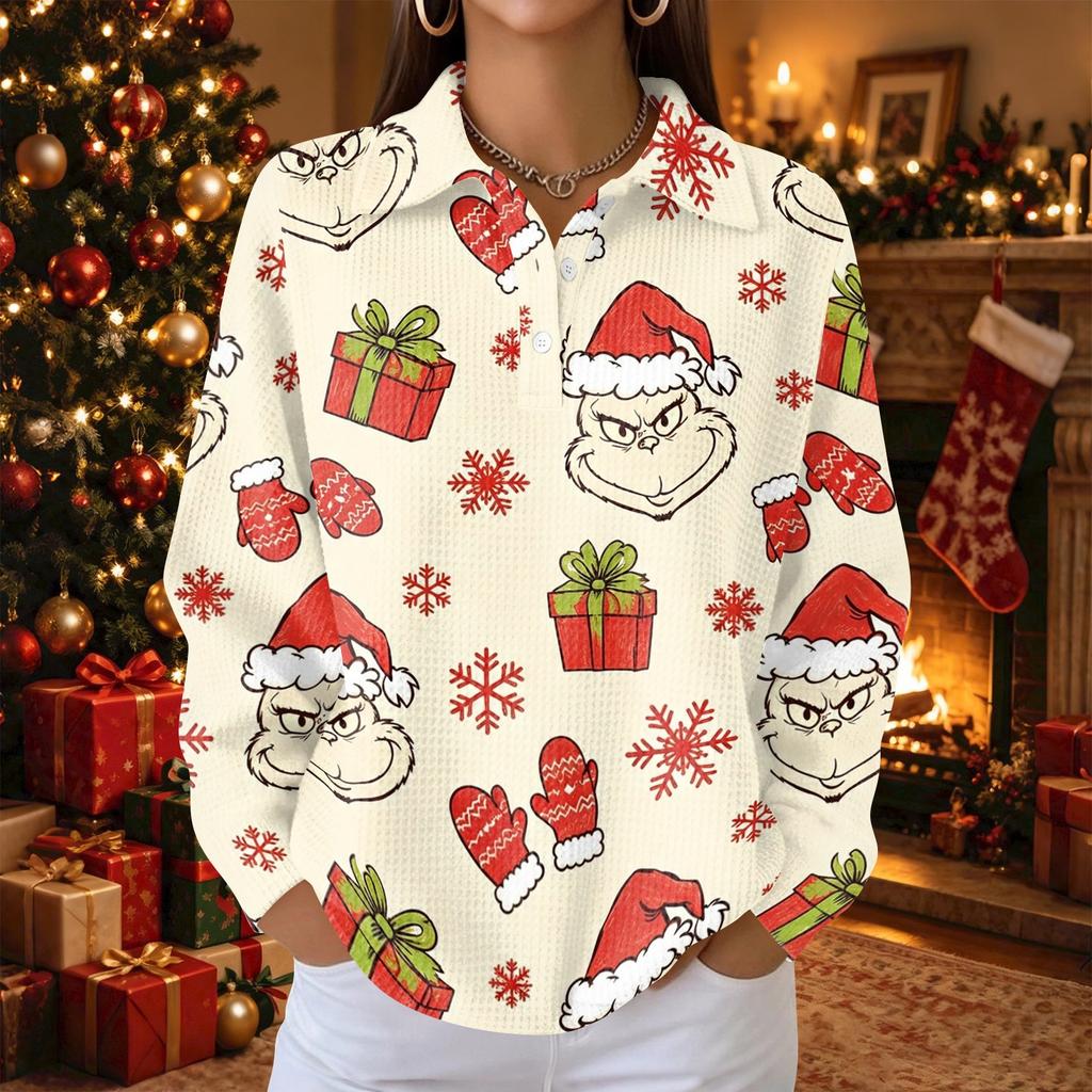 Women's Casual Christmas Print Long Sleeve Button Front Blouse with Lapel Collar and Side Slits