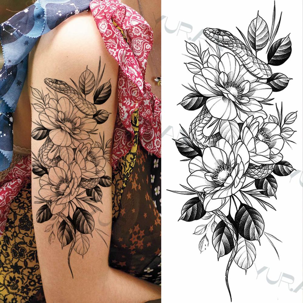 Zwarte Grote Slang Bloem Fake Tattoo Sticker Voor Vrouwen Dot Rose Pioen Tijdelijke Tattoos DIY Water Transfer Tatoos Meisjes