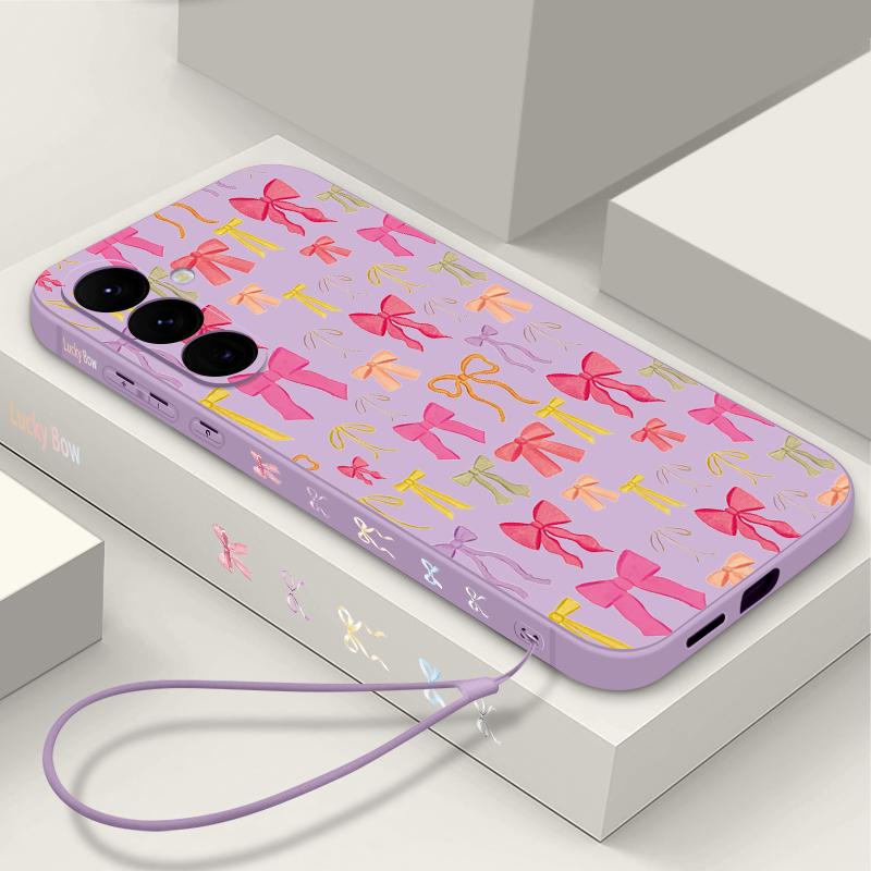 Pink Bow Pattern Phone Case For Samsung Galaxy A57 A17 A56 A16 A55 A15 A54 A36 S25 FE S26 S24 S23 S22 Ultra Soft Lanyard Cover