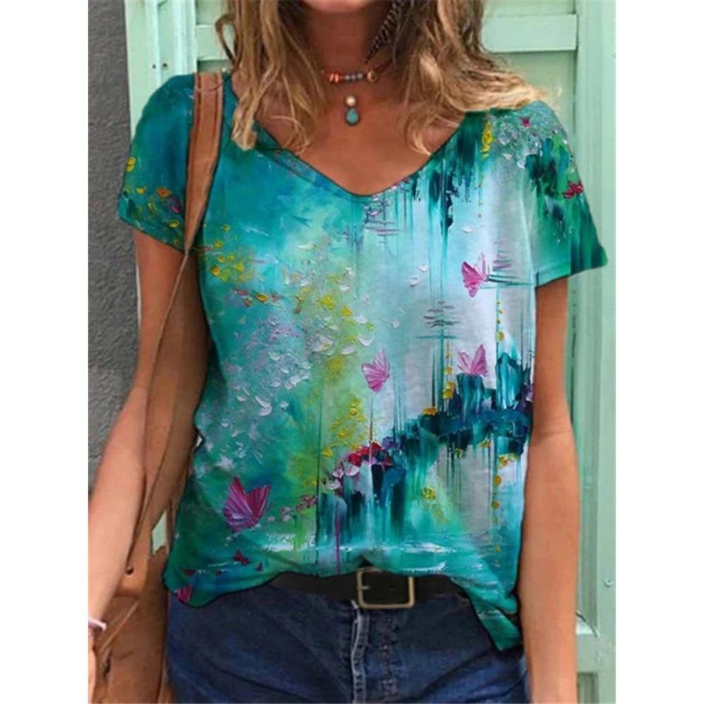 Summer Fashion 3D Floral Print Women's Loose V-neck Short Sleeved T-shirt