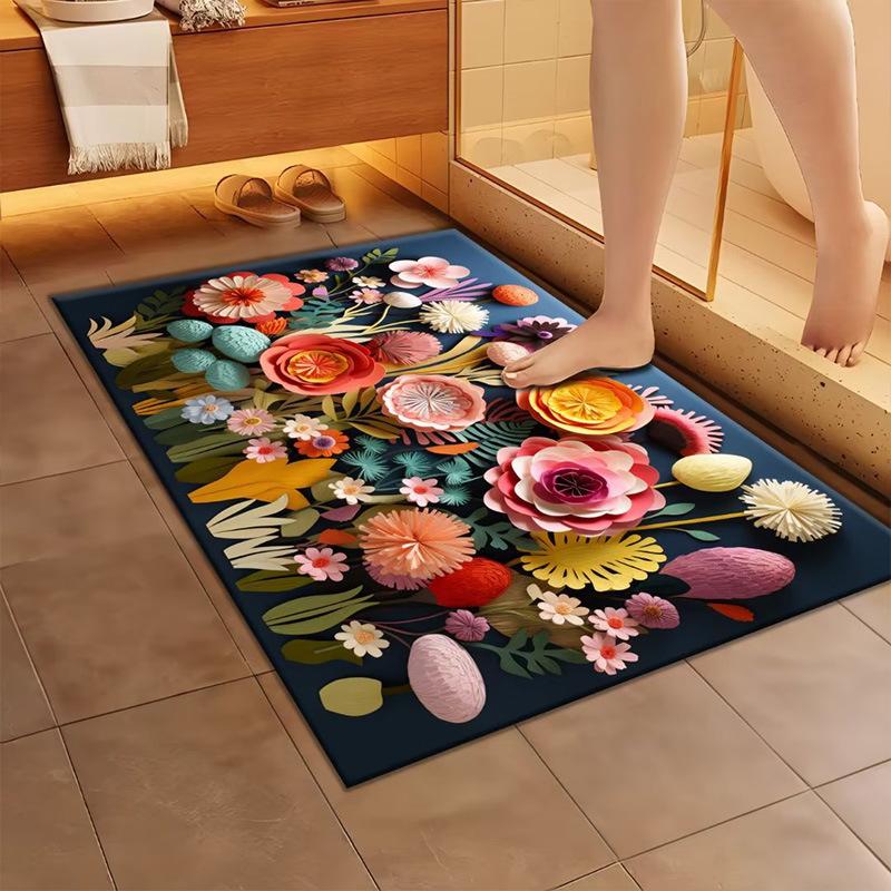Home Floor Mat With 3D Pattern Non Slip Bath Shower Mat Water Absorbent Mat For Bathroom And Doorway Expandable Flower Rug