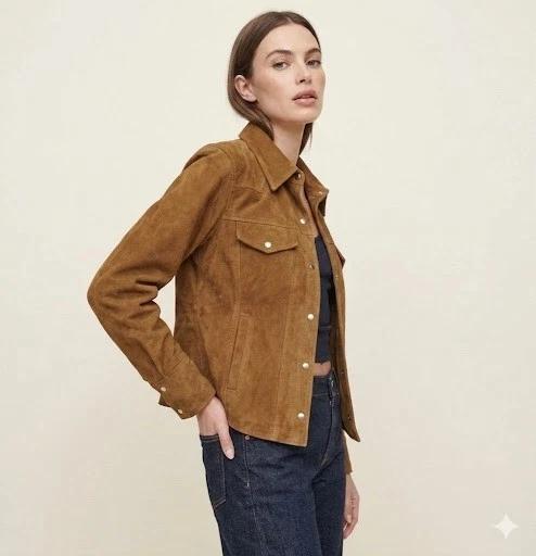 Suede Lambskin Leather Brown Soft Formal Genuine Women's Shirt Stylish Handmade