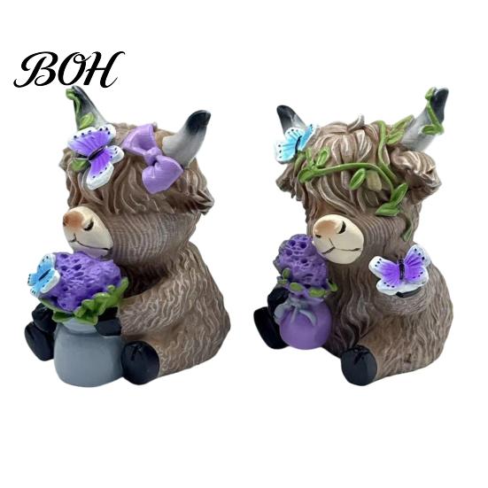 Whimsical Courtyard Sculptures Lavender Highland Cow Resin Figurine, Cute Fluffy with Butterfly Bow & Floral Wreath, Animal Figurines Pastel