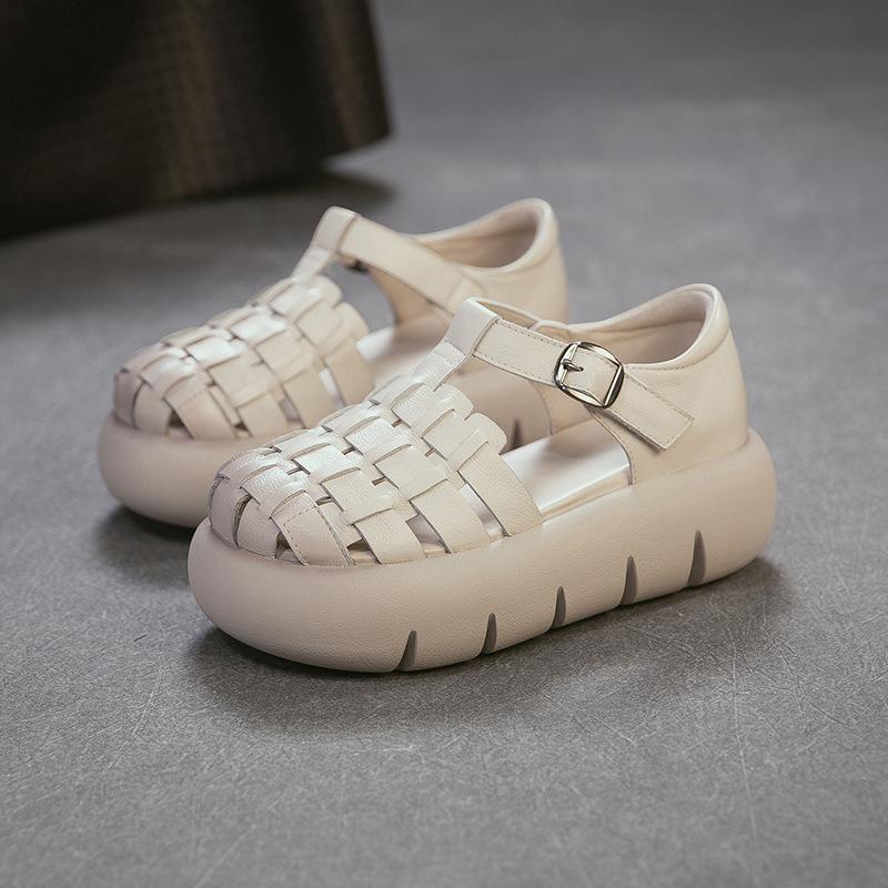 Johnature Genuine Leather Retro Handmade Woven Thick Soled Sandals Versatile Women's Platform Shoes