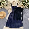 Fall Winter Women Sweater Dress Set Casual Knitted Pullover Tops + Plaid Tweed Dress 2 Piece Outfits Female With Belt