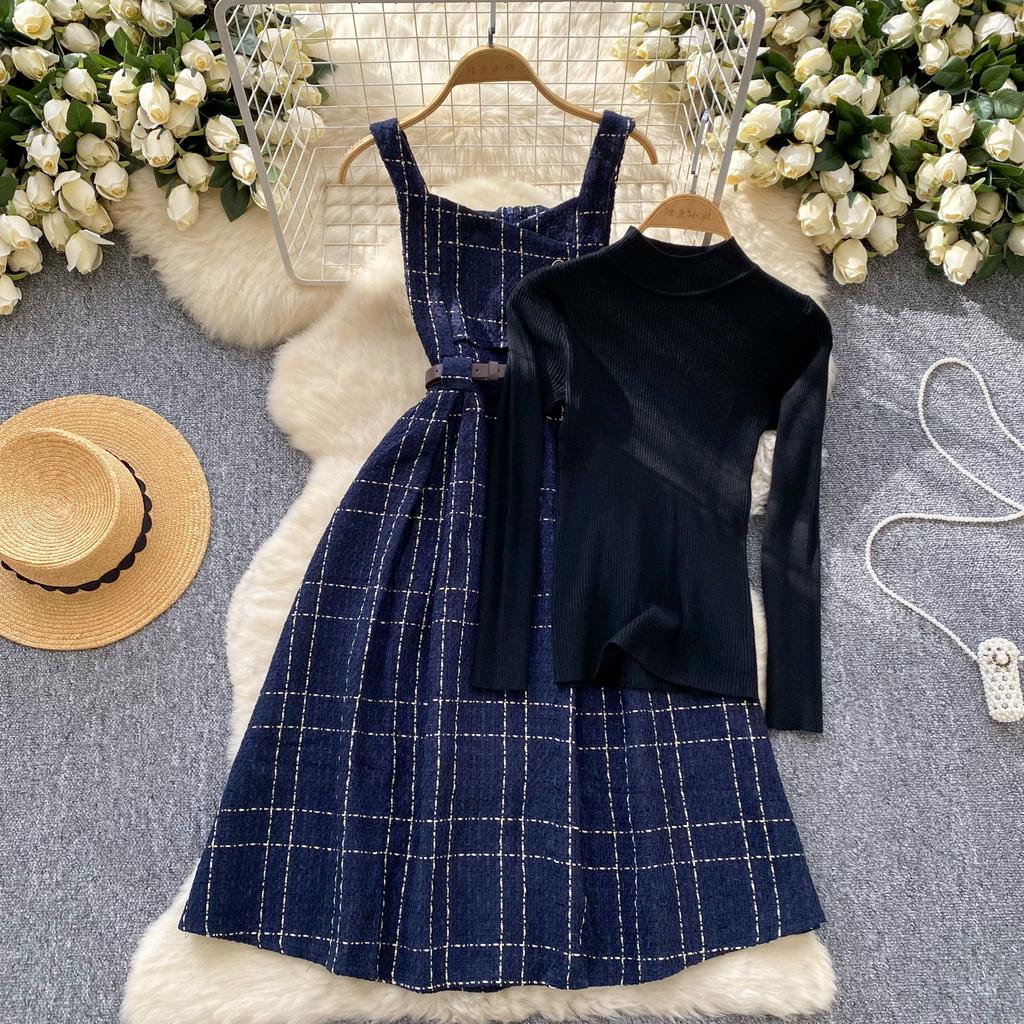 Fall Winter Women Sweater Dress Set Casual Knitted Pullover Tops + Plaid Tweed Dress 2 Piece Outfits Female With Belt