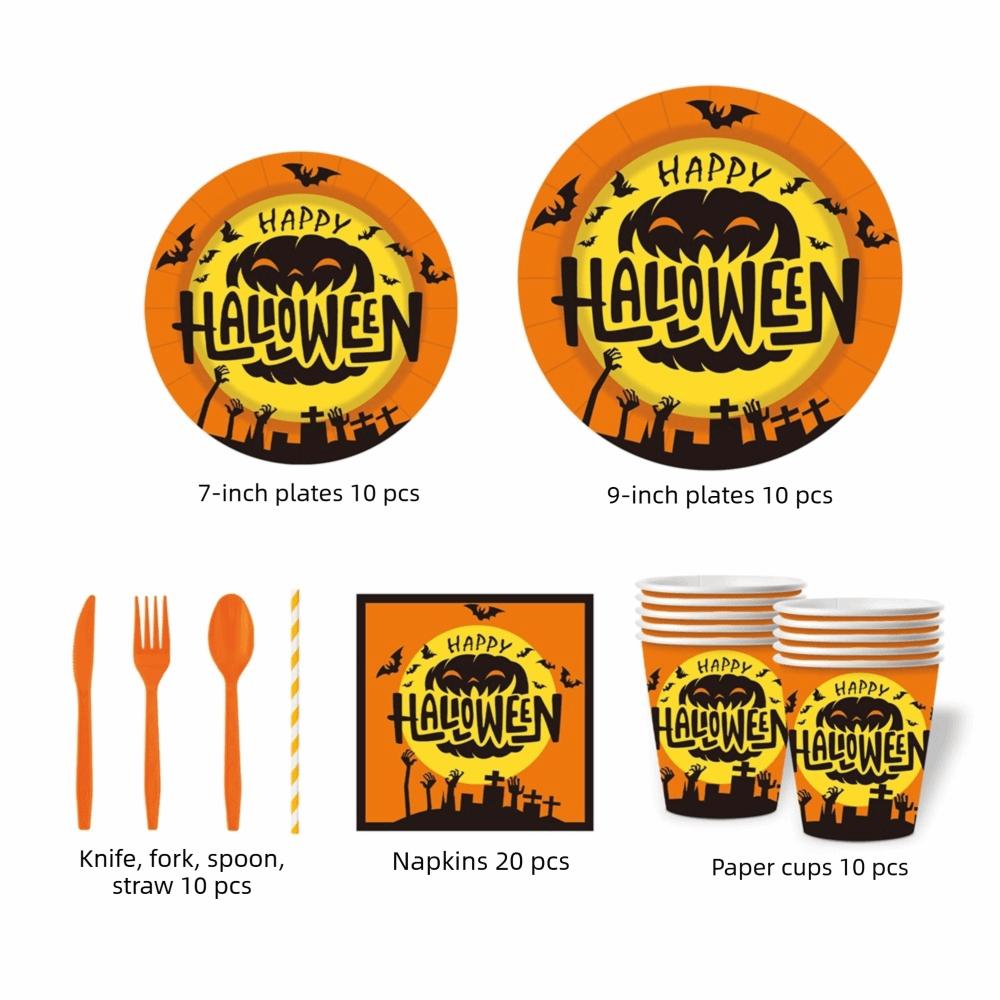 Pumpkin Pattern Disposable Plate Cup Set Decorative Disposable Utensils Set Home