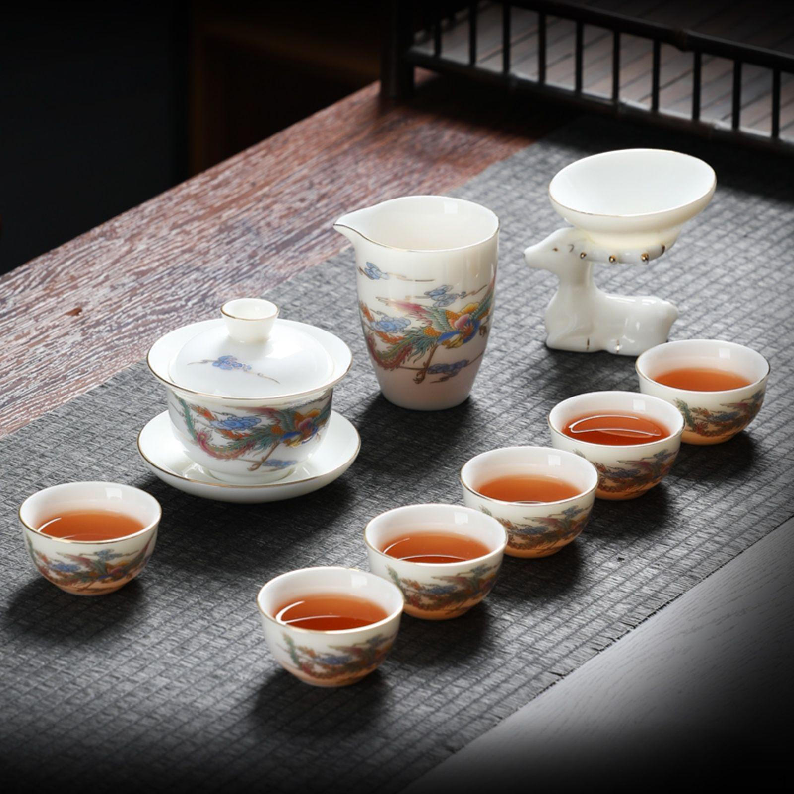 Kung Fu Tea Set, Cream Porcelain Gaiwan, Glass Teacup, Office Gift Box Plum Blossom Gaiwan Phoenix Nirvana Gaiwan