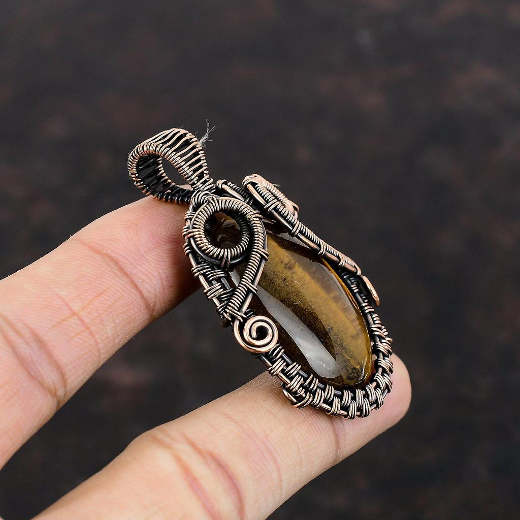 Tiger's Eye Pendant Gemstone Jewelry Copper Wire Wrapped Pendant Handmade Boho Pendant Tiger's Eye Jewelry Gift For Her Copper Wire Jewelry