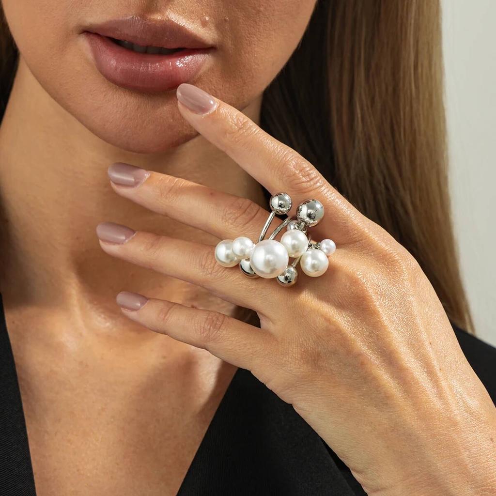 Salircon Trendy Charm Imitation Pearl Rings Women  New Exaggerated Gold Color Multilayer Beaded Finger Ring Party Jewelry