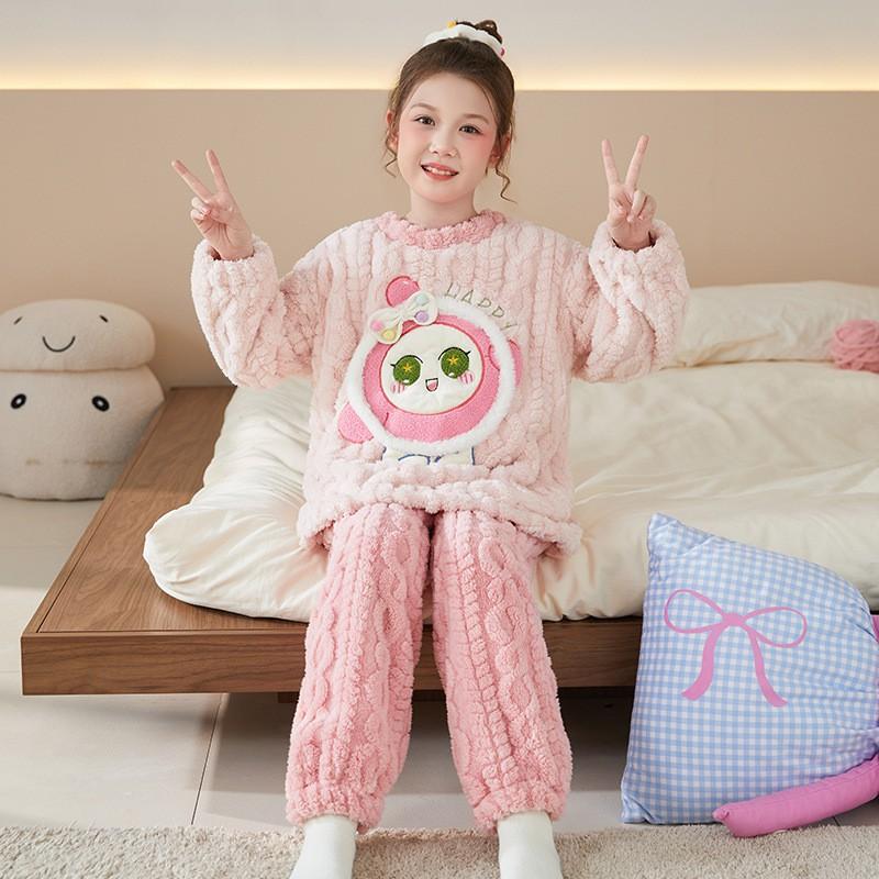 Girls Winter Coral Fleece Pajama Set Cartoon Animal Print Thick Warm Sleepwear Ages 8