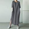 Large Quantity  Crew Neck Short Sleeve Solid Side-Split Hem Knee-Length Cotton Linen Dress for Girls