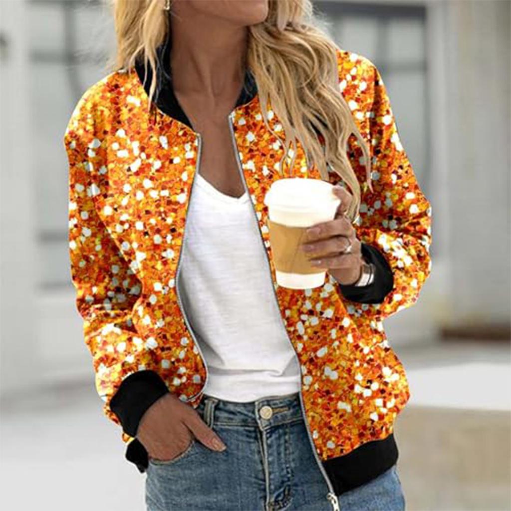 Women's Fashion Long Sleeve Sequin Print Round Neck Zip Jacket