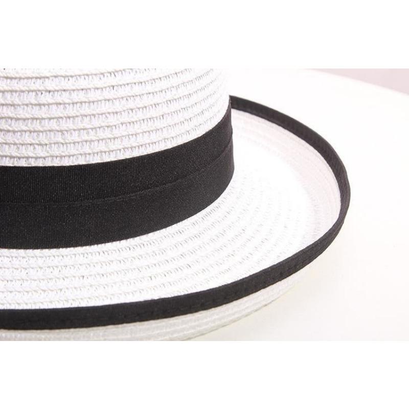 Elegant Straw Sun Hat with Black Big Bow - Wide Brim, White & Black Dome, Perfect for Summer and Formal Occasions,Tea Party