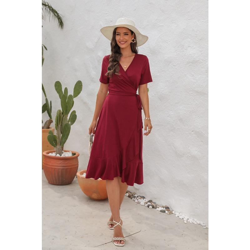 Rochie de vară pentru femei de dimensiuni plus mari, cu decolteu în V, cu talie înaltă, rochie cu cravată, culoare uni, rochie lungă cu mâneci scurte, rochii de călătorie de vacanță